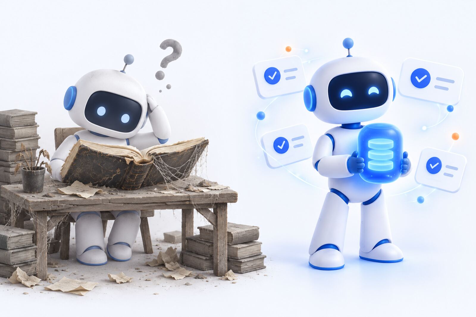 Left: a robot assistant puzzling over a dusty old book. Right: the same assistant, glowing, holding a fresh knowledge capsule.