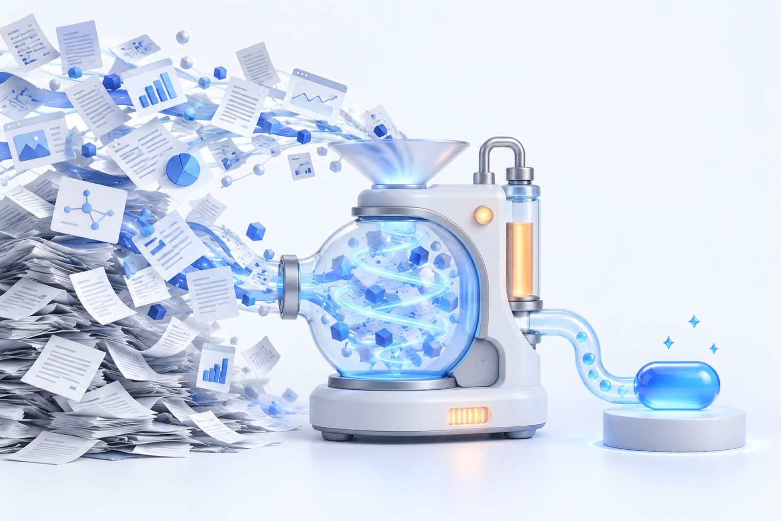 A large pile of web pages flows into a small machine and comes out as one small, bright knowledge capsule