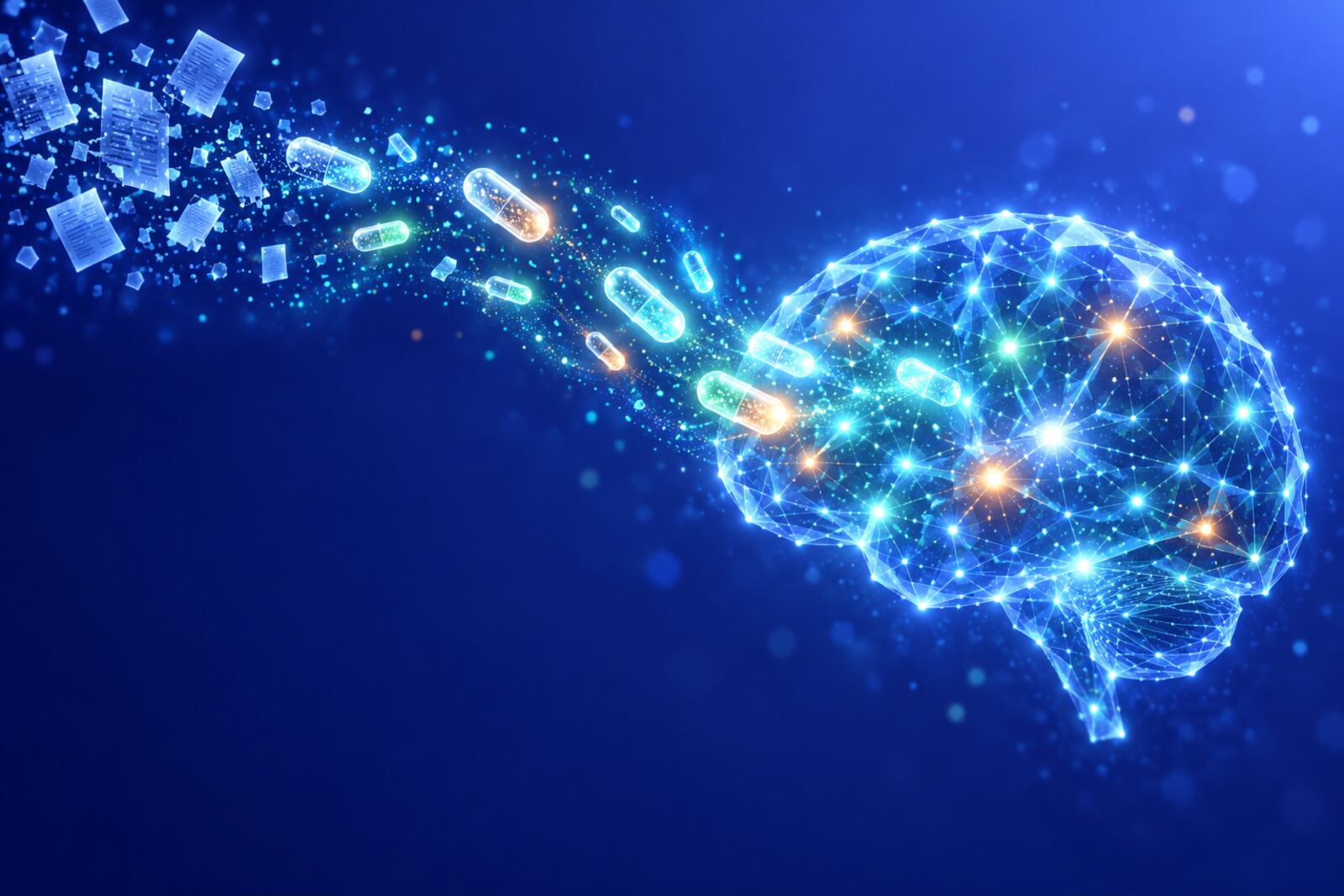 A glowing digital brain taking in a stream of bright capsules of fresh knowledge
