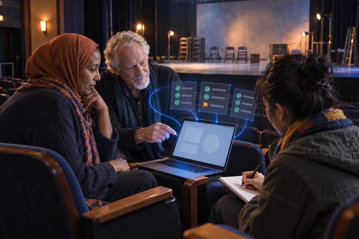 Illustrative photo: the Accessibility Checker at work for the box office manager, artistic director and volunteer of a small community theatre, laying out results as blue panels above a laptop.