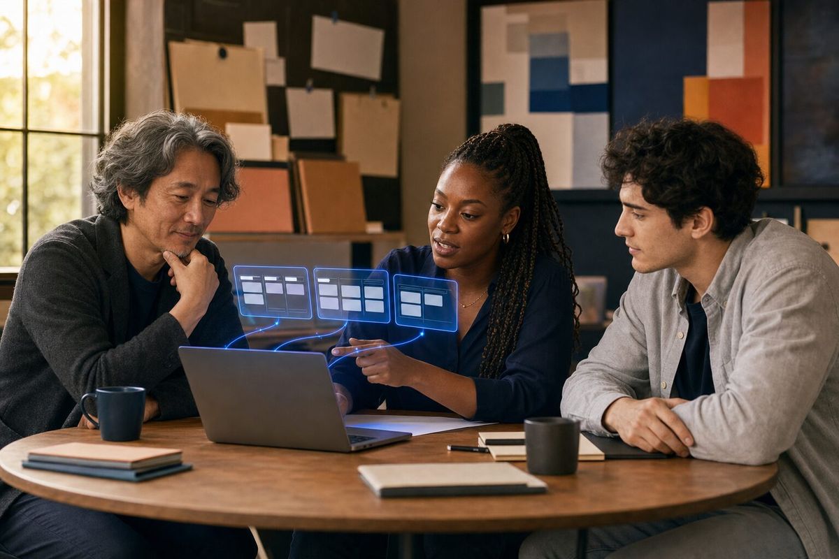 Illustrative photo: the Account Director at work for the owner and account team of a small web-design agency, laying out results as blue panels above a laptop.