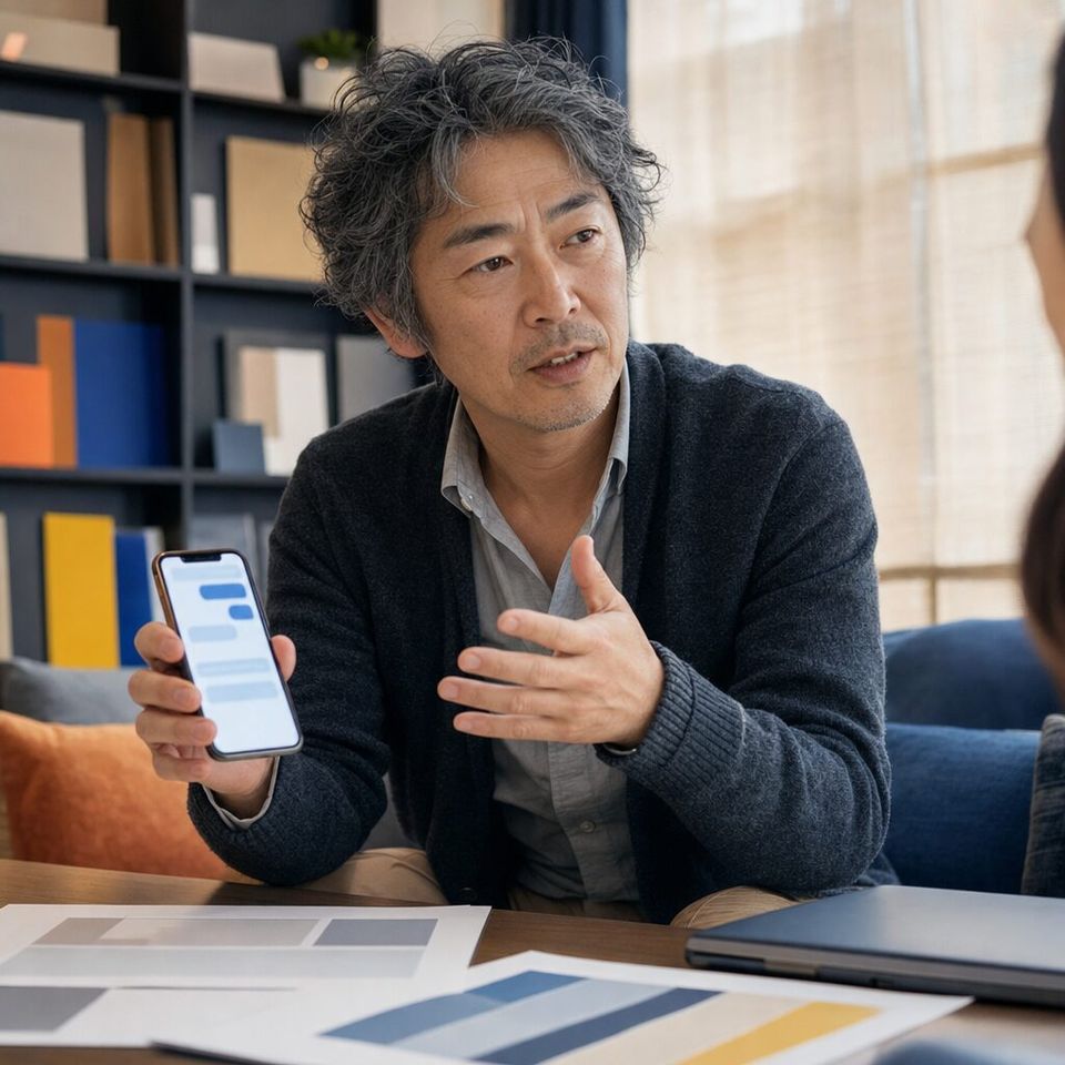 Illustrative photo: the owner of a small web-design agency asks the Account Director for help from their phone.