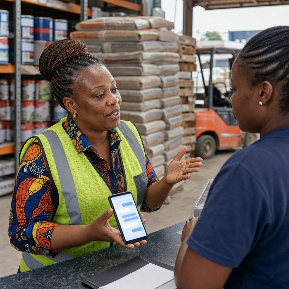 Illustrative photo: the owner of a family-run building-supplies wholesaler asks the Accounts Receivable Manager for help from their phone.
