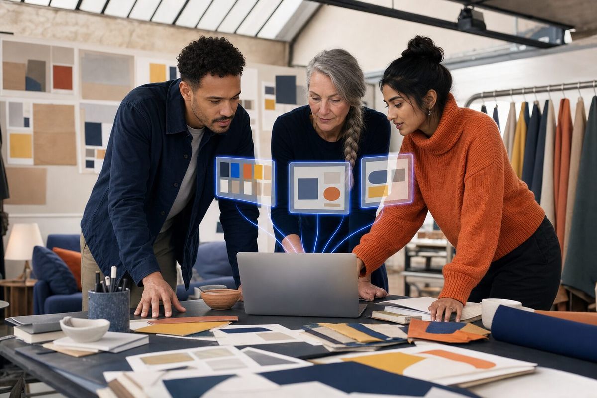 Illustrative photo: the Ad Creative Agent at work for the creative team choosing which ad layouts go into the campaign, laying out results as blue panels above a laptop.