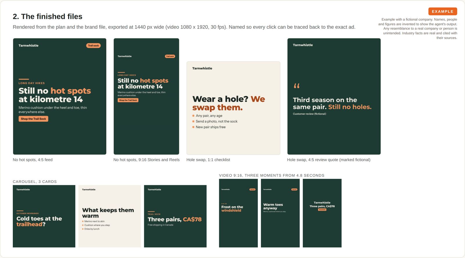 Four static ads in dark green and cream in feed, story and square sizes, a three-card carousel and three frames from a short vertical video, all for a merino hiking sock.