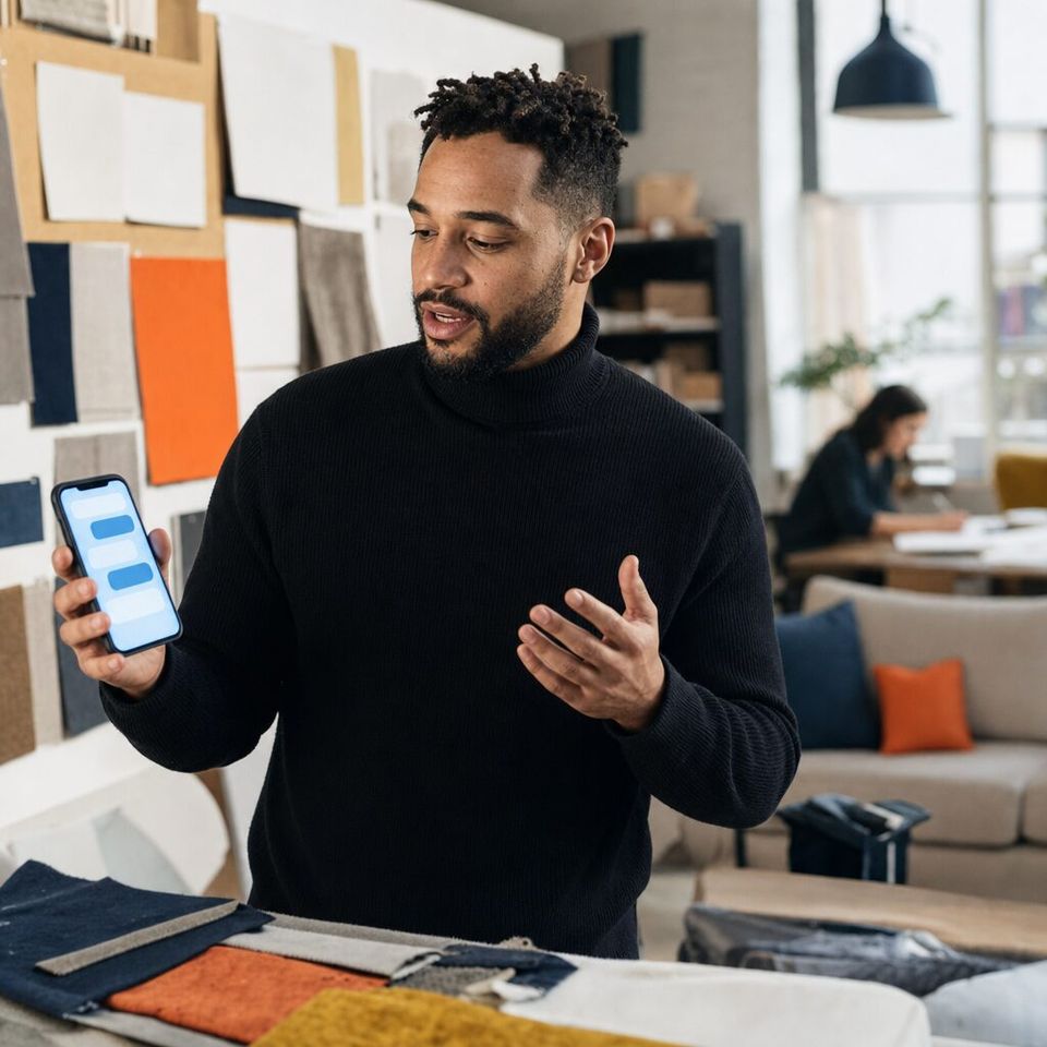 Illustrative photo: the creative lead at a furniture retailer asks the Ad Creative Agent for help from their phone.