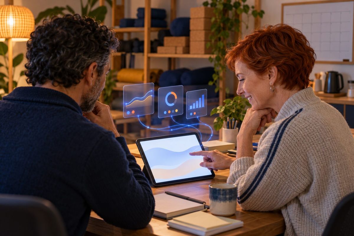 Illustrative photo: the Pacing & Alerts Monitor at work for the owner and studio manager of a small group of yoga studios, laying out results as blue panels above a tablet.