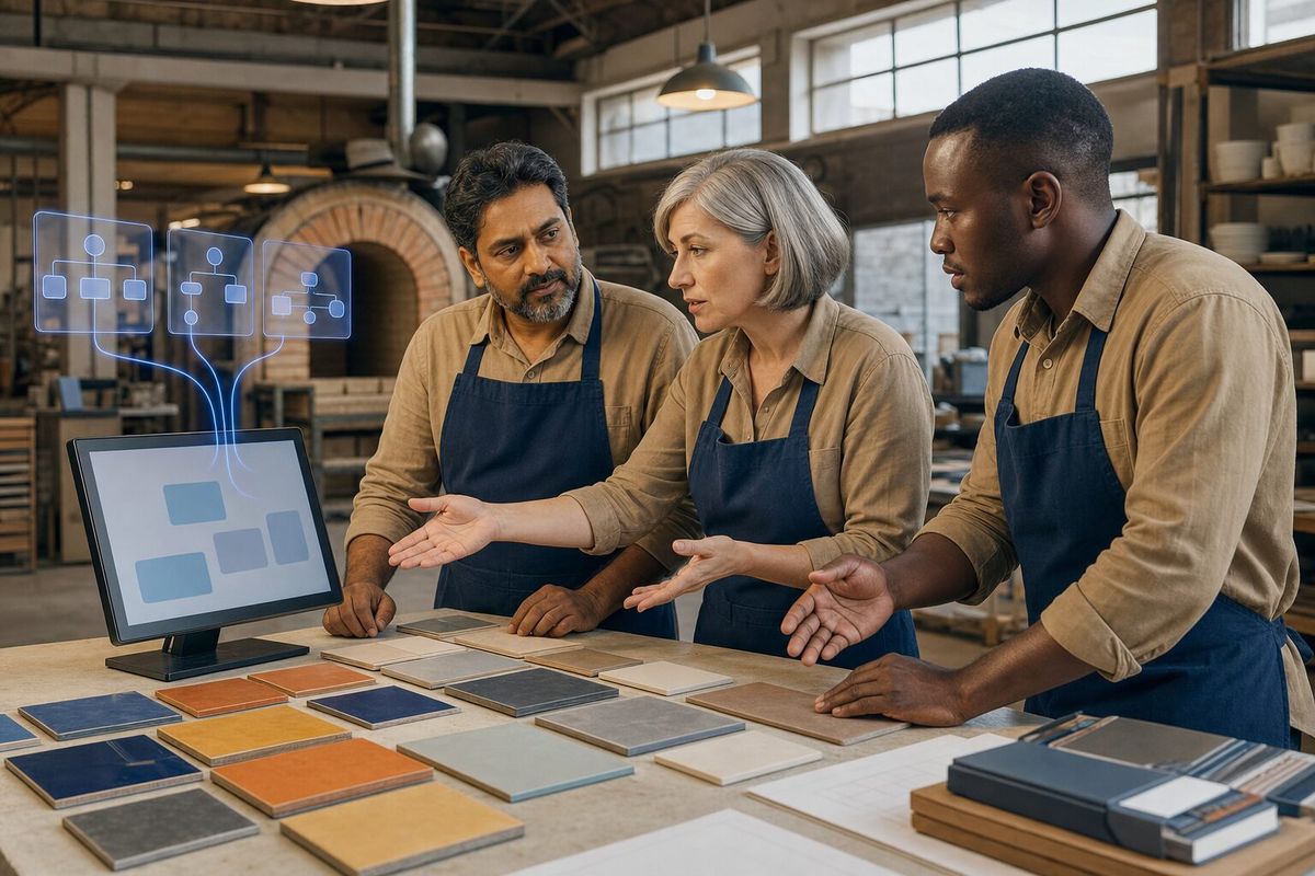 Illustrative photo: the AI Advisory Council at work for the owner and workshop leads of a family-owned ceramics factory, laying out results as blue panels above a monitor.