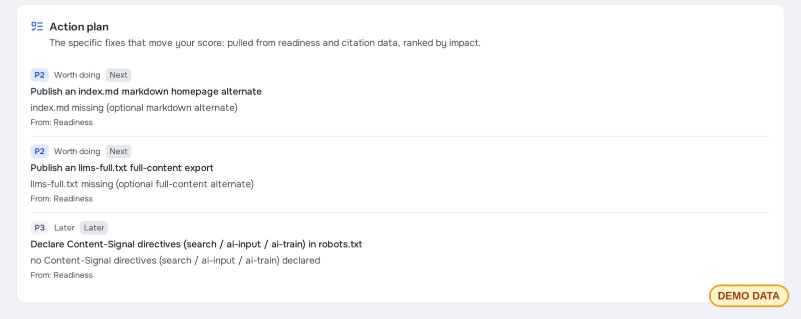 Action plan listing the next fixes to make, each tagged with a priority (demo data)