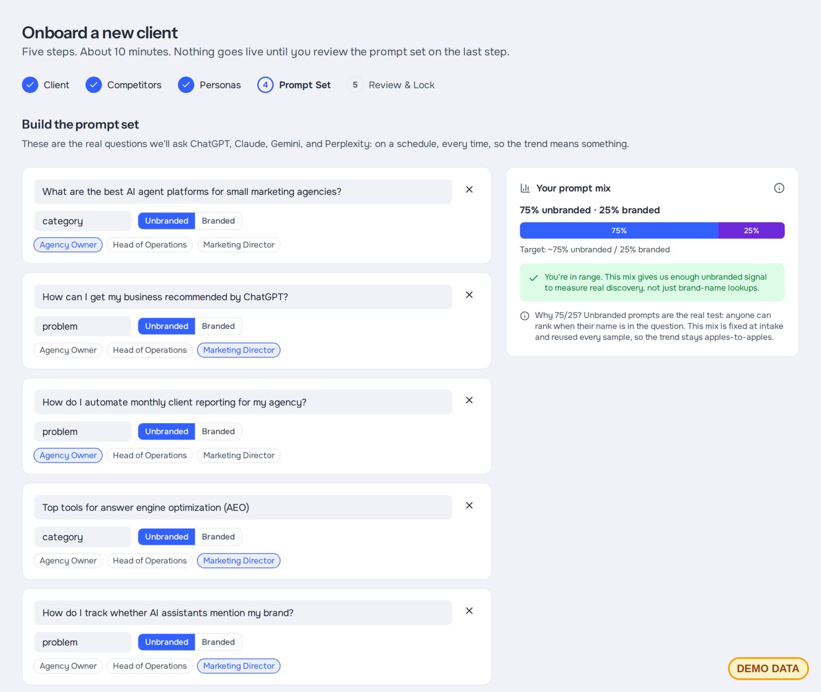 Setup step for choosing the buyer questions to track, with a branded and unbranded mix check (demo data)