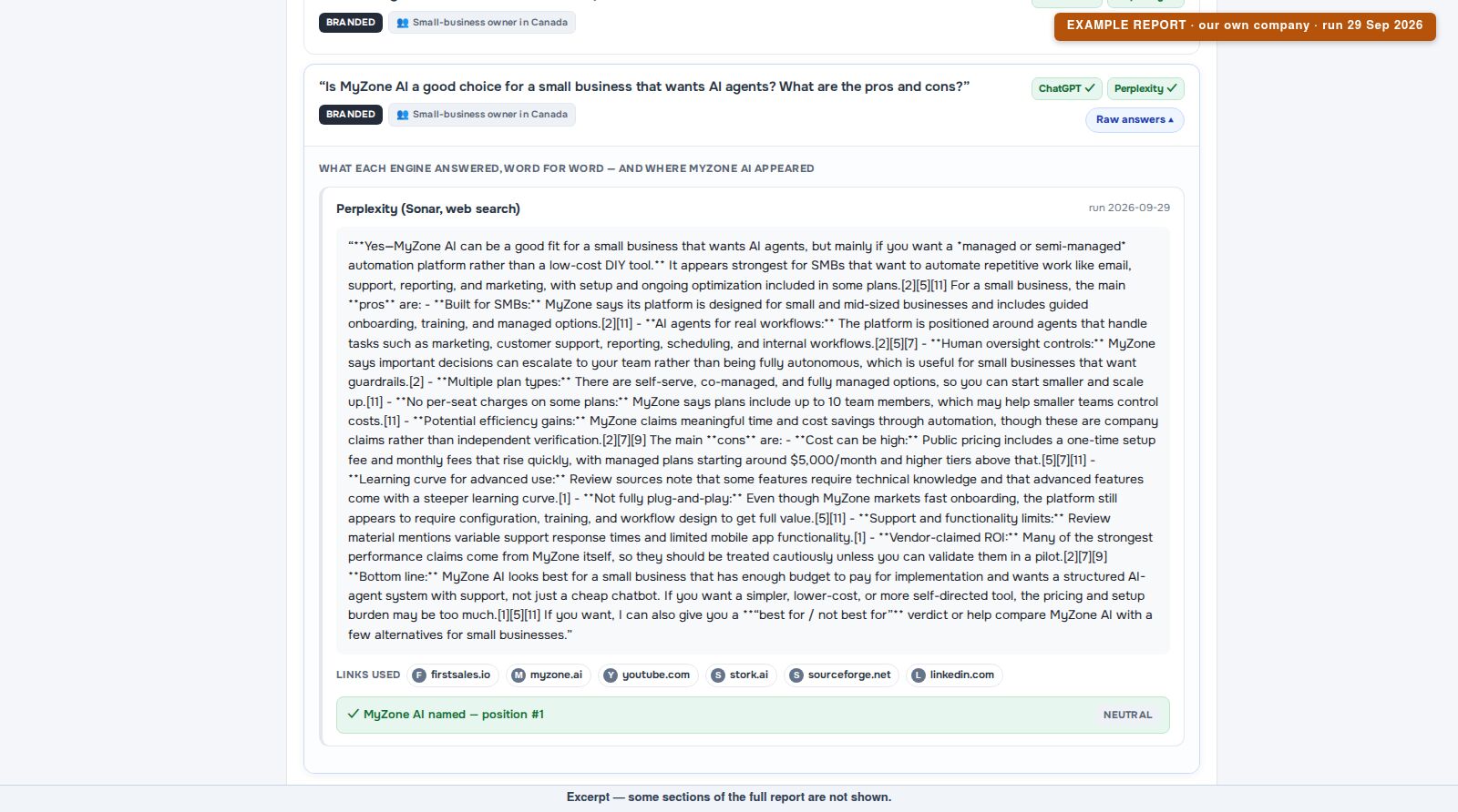 Example AEO report screenshot: one AI answer about MyZone AI, shown word for word