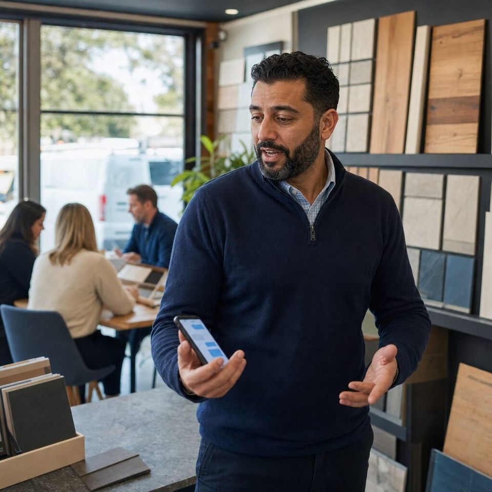 Illustrative photo: the owner of a home renovation company asks the AEO Agent from his phone whether AI assistants recommend his company.