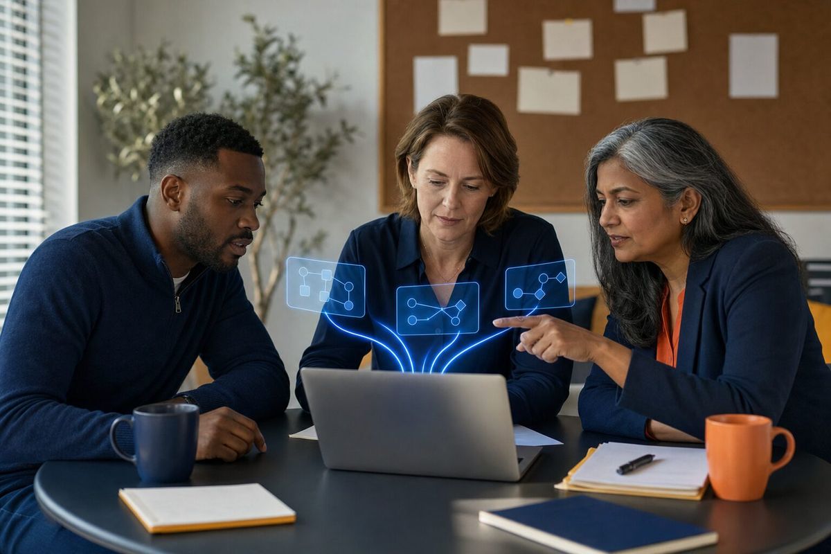 Illustrative photo: the Agent Manager at work for the leadership team of a small business with several locations, laying out results as blue panels above a laptop.