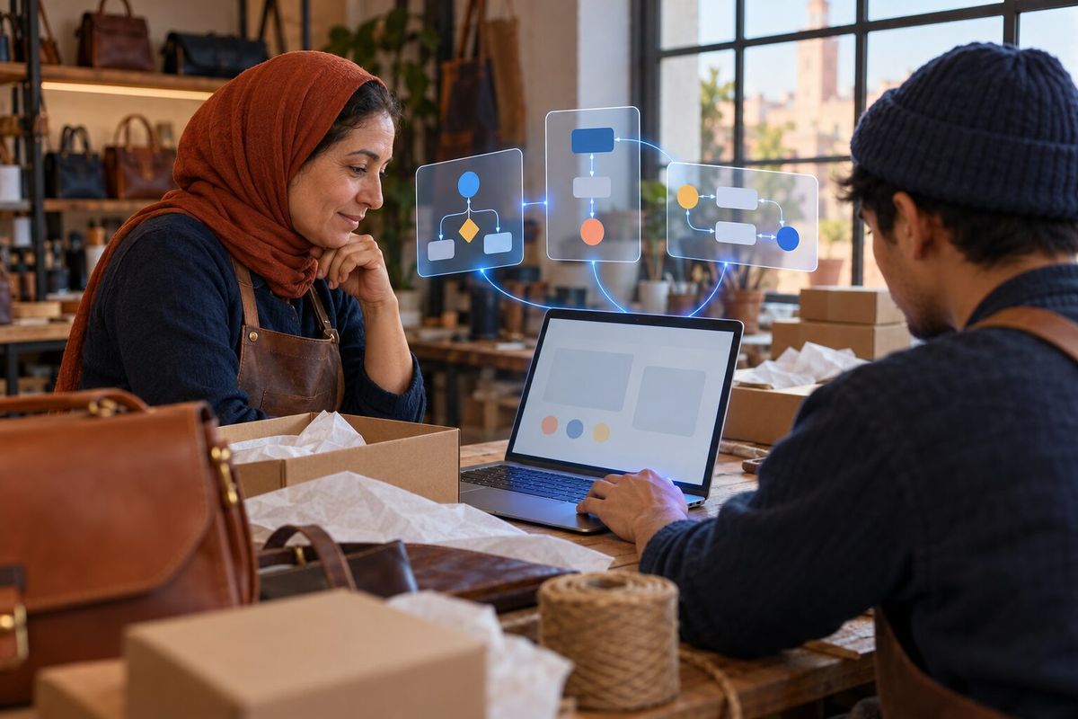 Illustrative photo: the Amazon Ads Manager at work for the owner and packer of a small maker of handmade leather bags, laying out results as blue panels above a laptop.