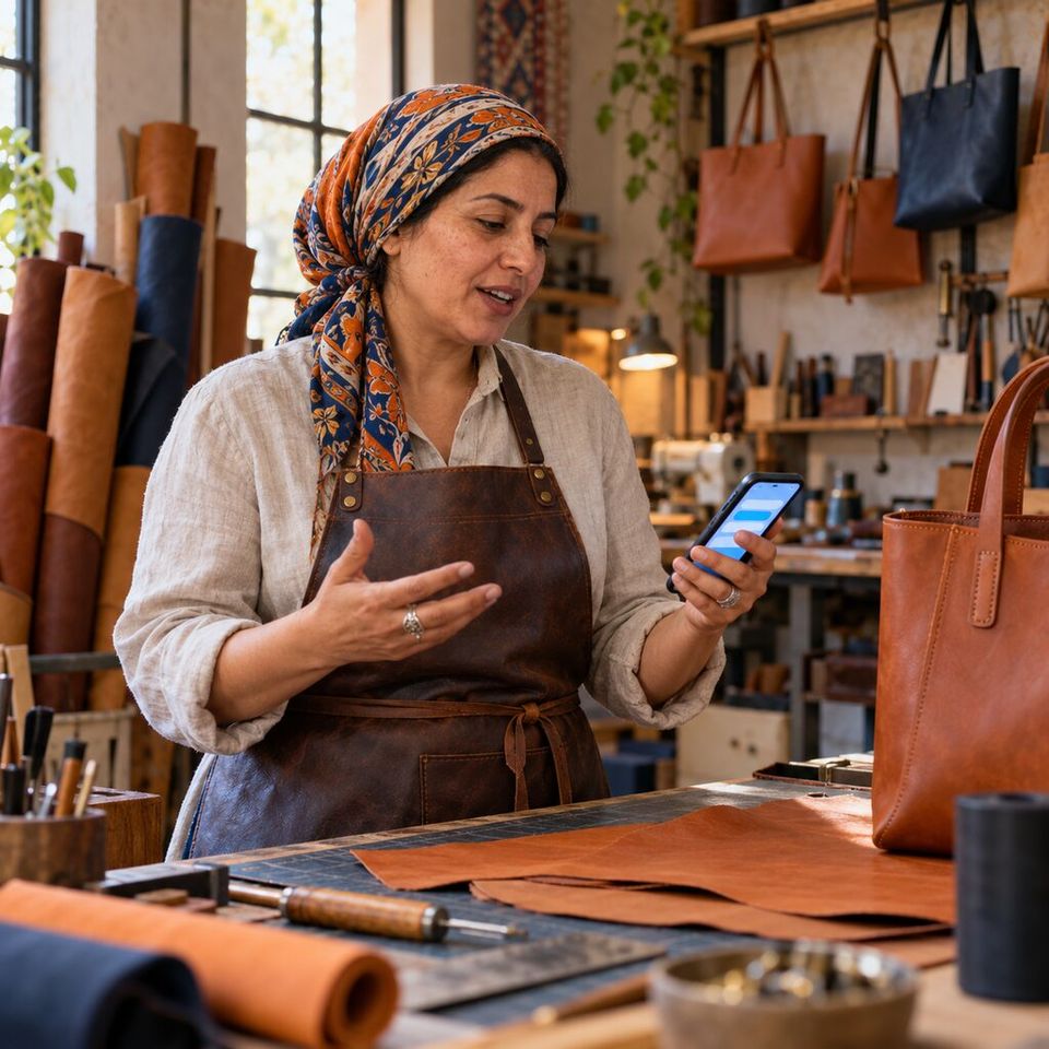 Illustrative photo: the owner of a small maker of handmade leather bags asks the Amazon Ads Manager for help from their phone.