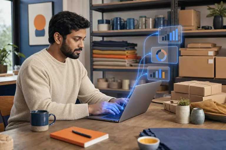 A shop owner at a laptop while charts of visits and sales float above the screen