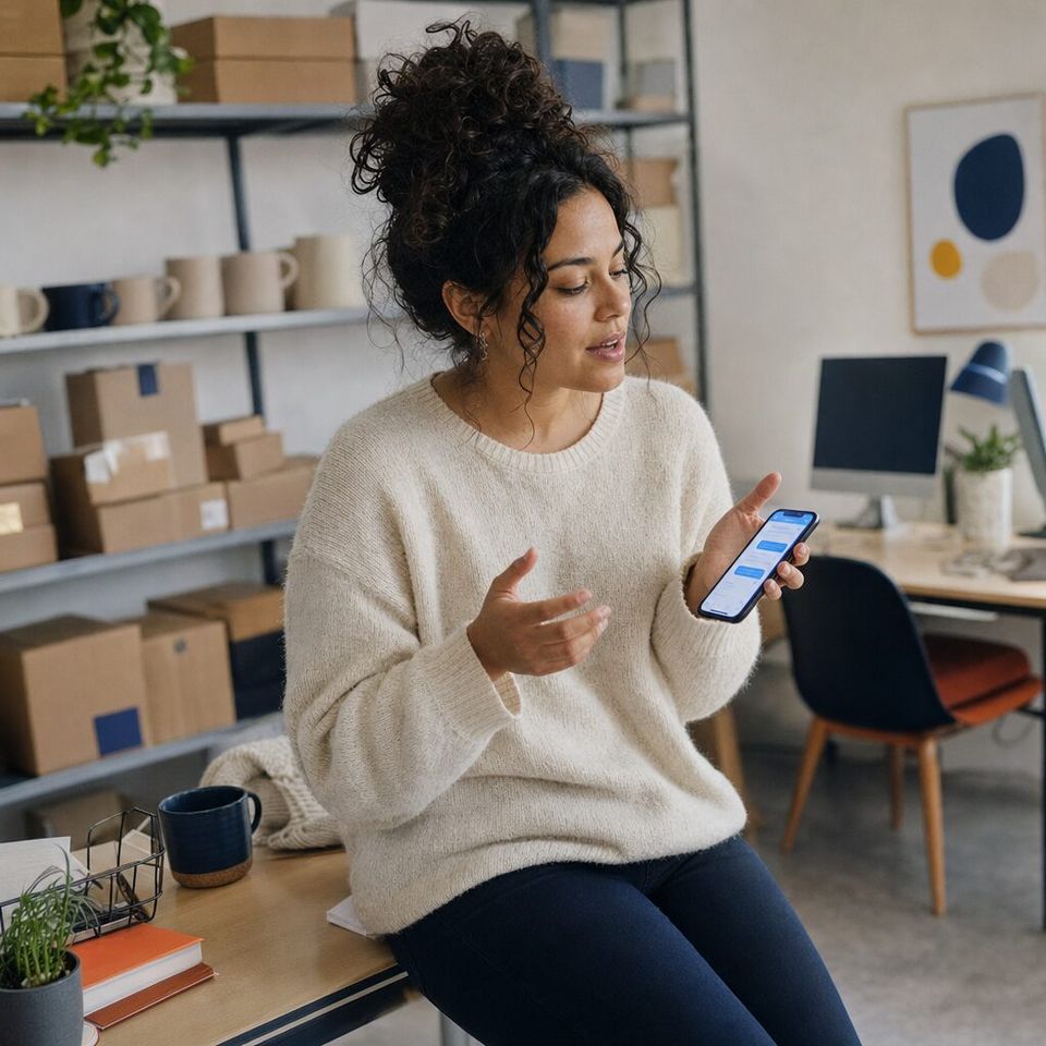 Illustrative photo: the digital marketer at an online homeware shop asks the Analytics Setup Agent for help from their phone.
