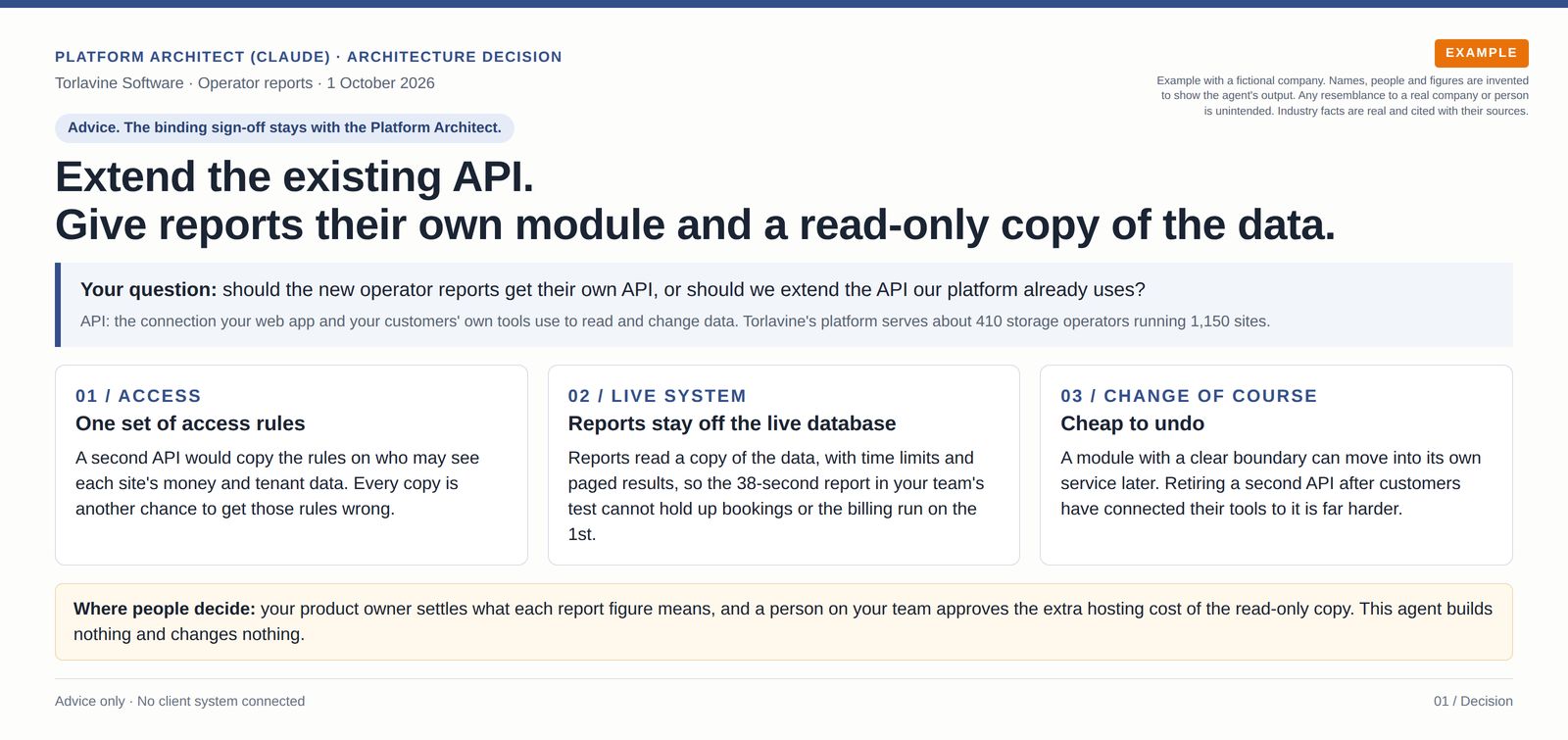 Architecture decision recommending a reports module inside the existing API, with three reasons and the choices left to people on the client's team.