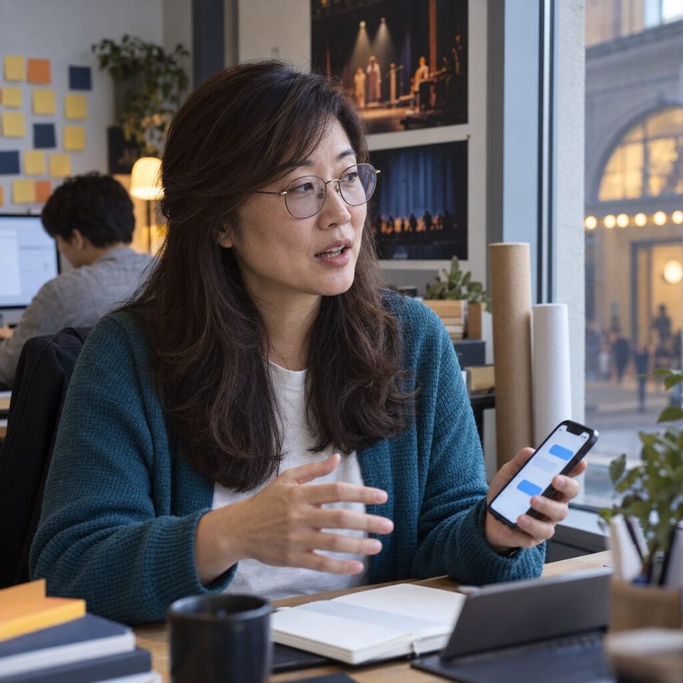 Illustrative photo: the product lead at a small online ticketing company for community theatres asks the Platform Architect (Claude) for help from their phone.