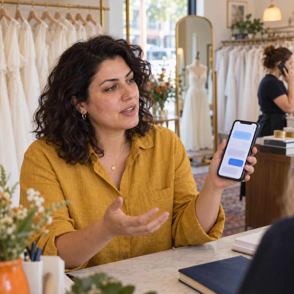 Illustrative photo: the owner of a small bridal boutique asks the Artifact Builder for help from their phone.