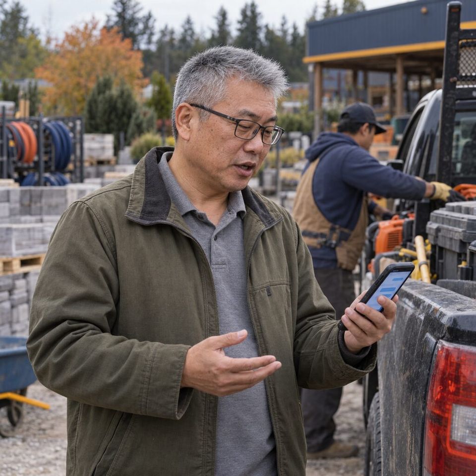 Illustrative photo: the operations lead of a landscape design-and-build company asks the Asana Manager for help from their phone.