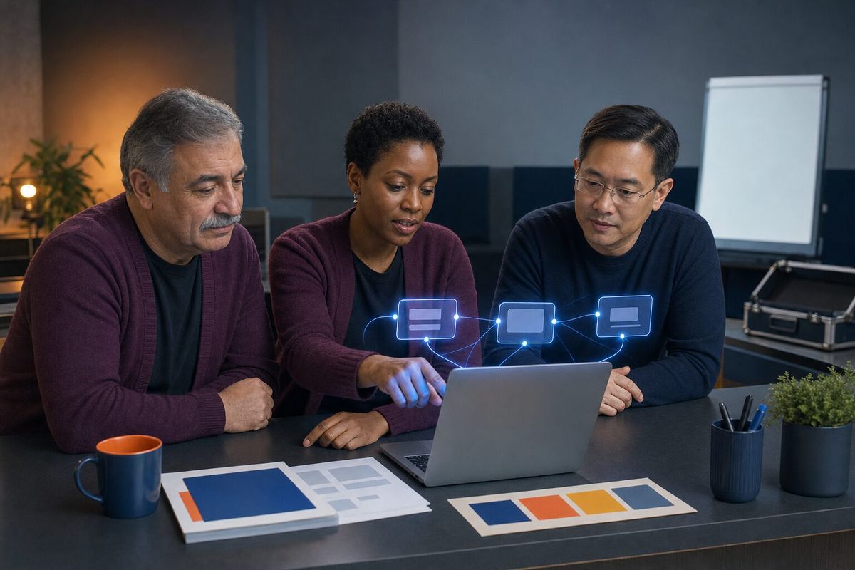 Illustrative photo: the Audience Engagement at work for a small training company that runs live webinars, laying out results as blue panels above a laptop.