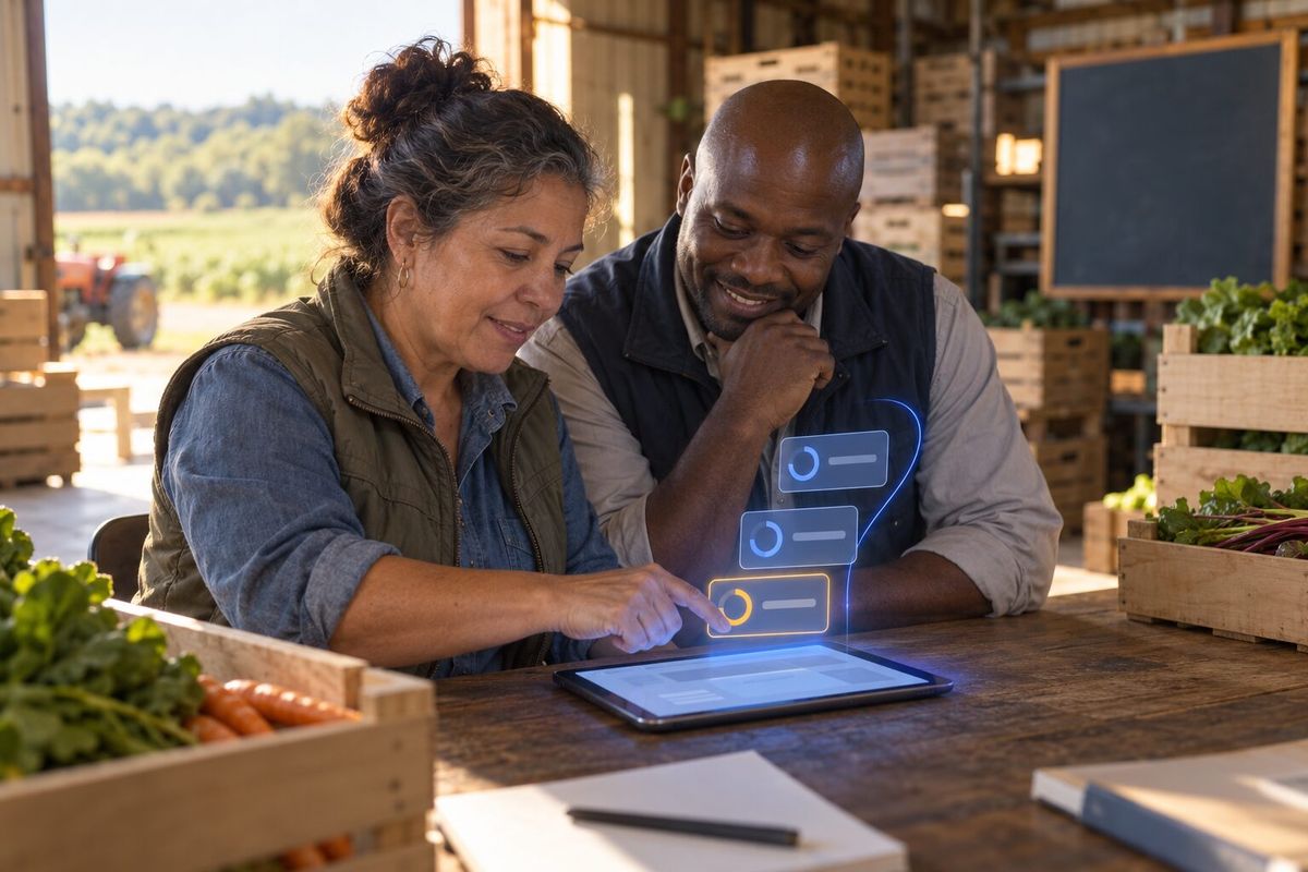 Illustrative photo: the Autonomy Agent at work for the owner and operations manager of an organic vegetable-box farm, laying out results as blue panels above a tablet.