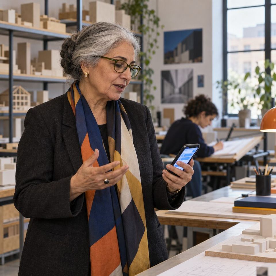 Illustrative photo: the principal of a small architecture practice asks the Backup Manager for help from their phone.