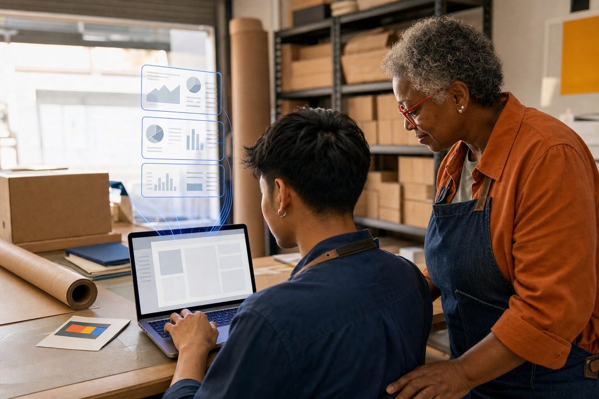 Illustrative photo: the Batch Executor at work for the team behind an online print shop, laying out results as blue panels above a laptop.