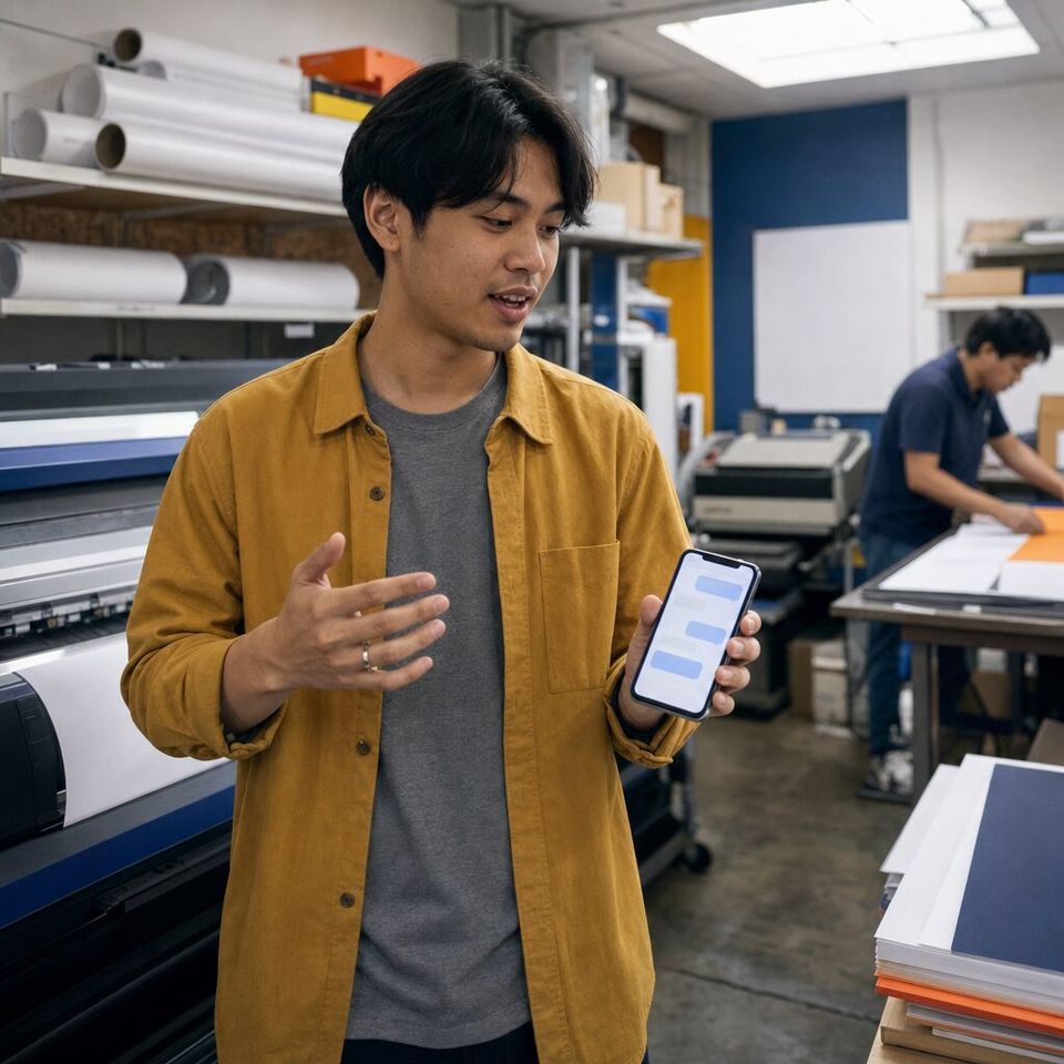 Illustrative photo: the web manager of an online print shop asks the website agent to get product photos ready.