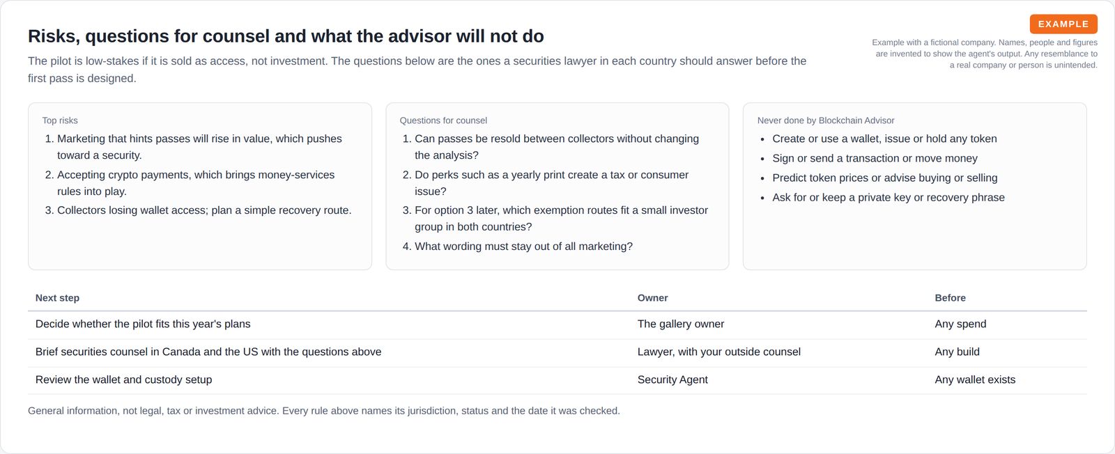 Three cards listing top risks, questions for legal counsel and actions the advisor never takes, above a short table of next steps with owner and timing.