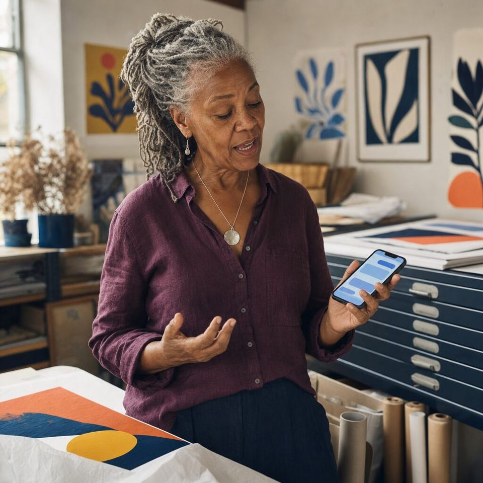 Illustrative photo: the owner of an online art-print gallery asks the Blockchain Advisor for help from their phone.