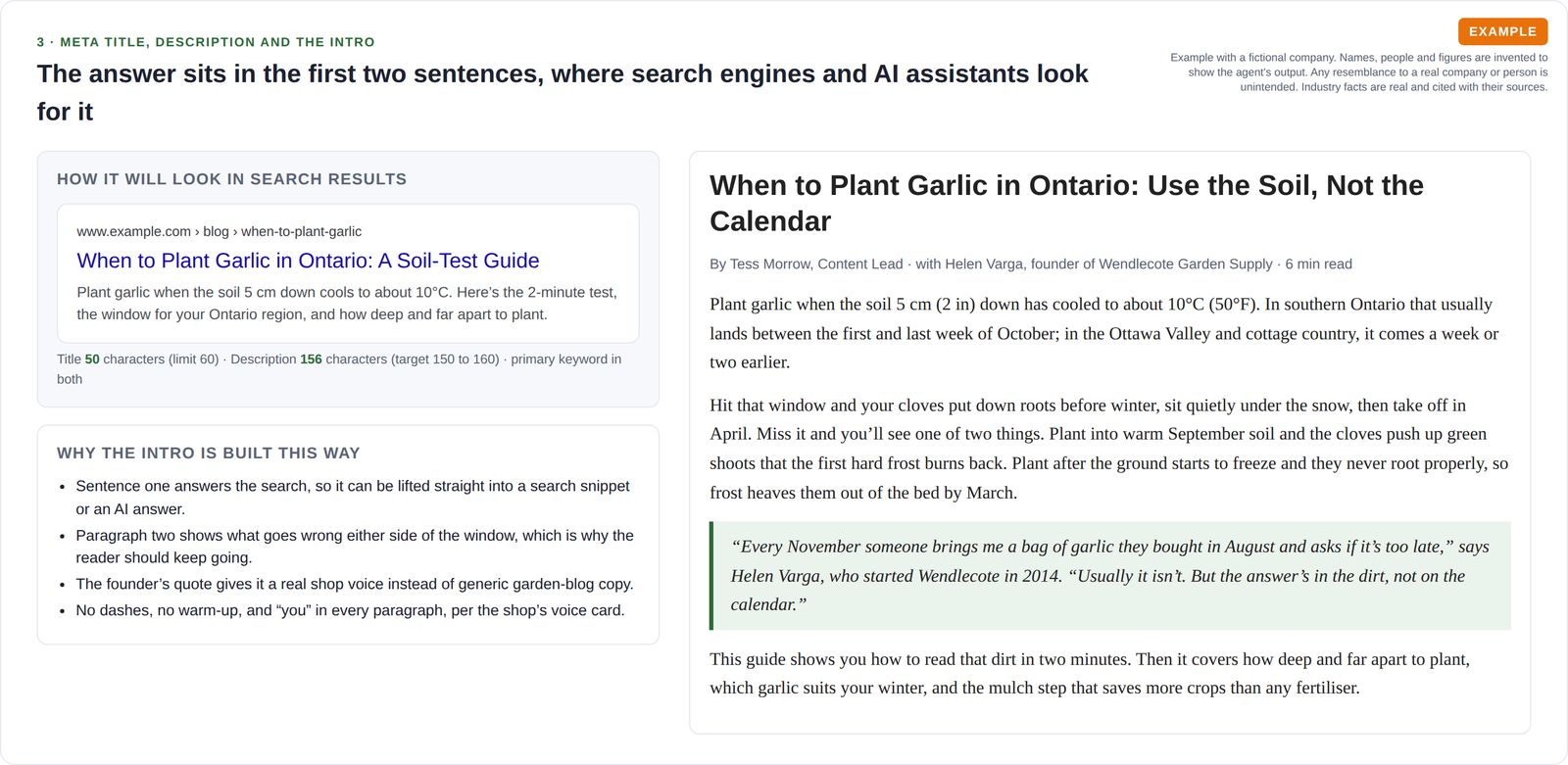 Example search result preview with character counts beside the article's opening, which answers the question in its first two sentences