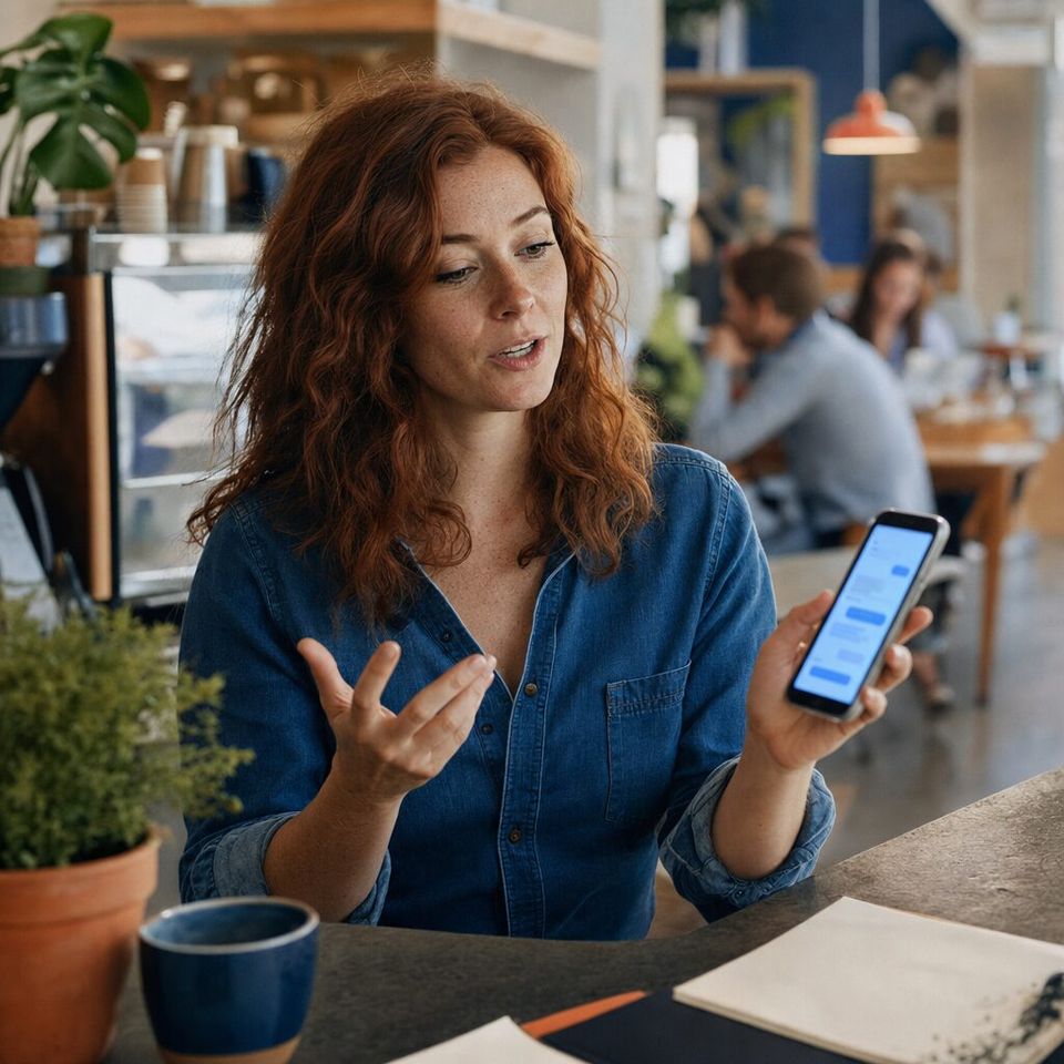 Illustrative photo: the content marketer at a garden-supplies company asks the Blog Writer for help from their phone.