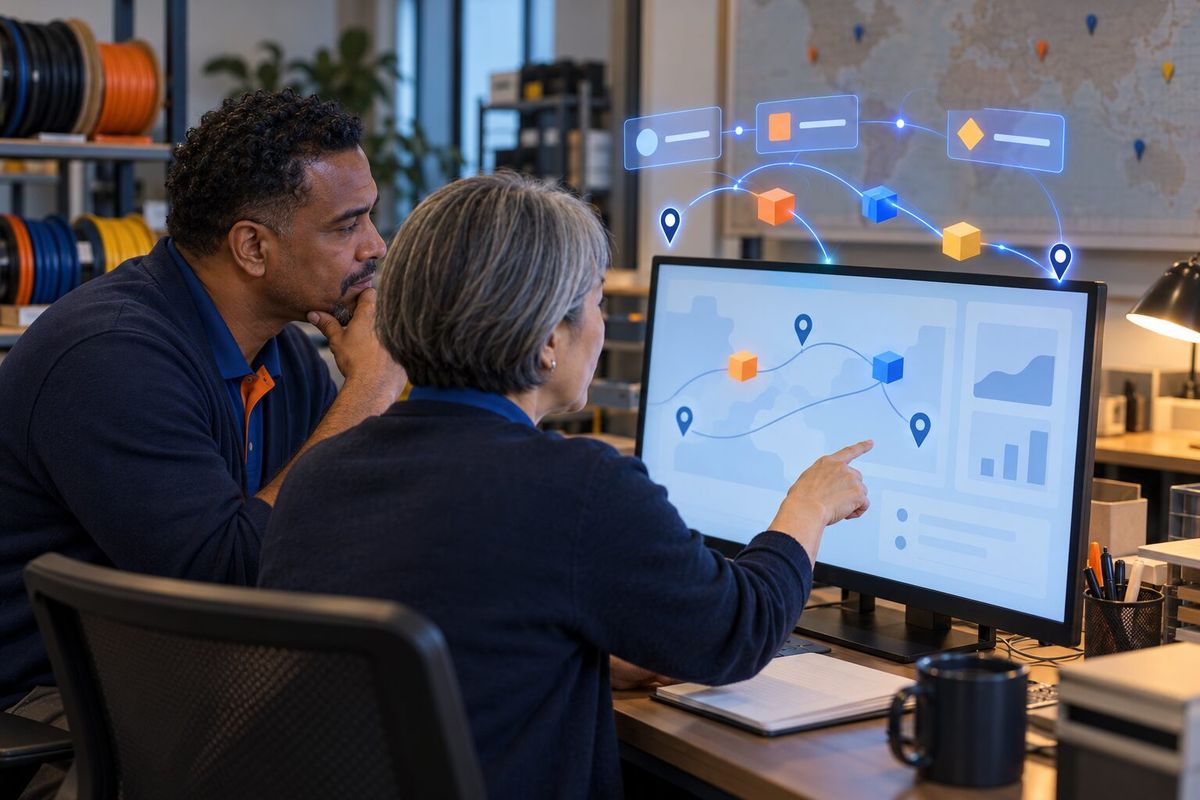 Illustrative photo: the Branch Balancer at work for the owner and operations manager of an electrical-supplies wholesaler, laying out results as blue panels above a monitor.