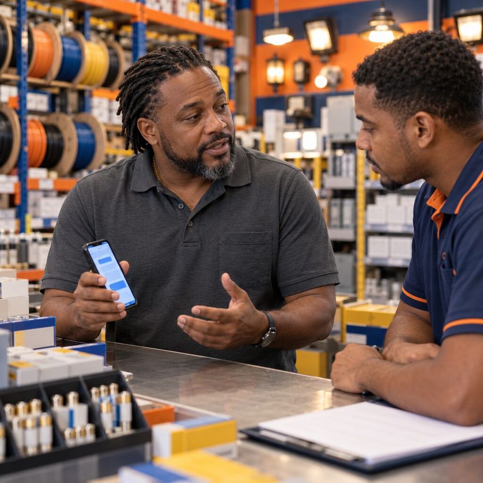 Illustrative photo: the owner of an electrical-supplies wholesaler asks the Branch Balancer for help from their phone.