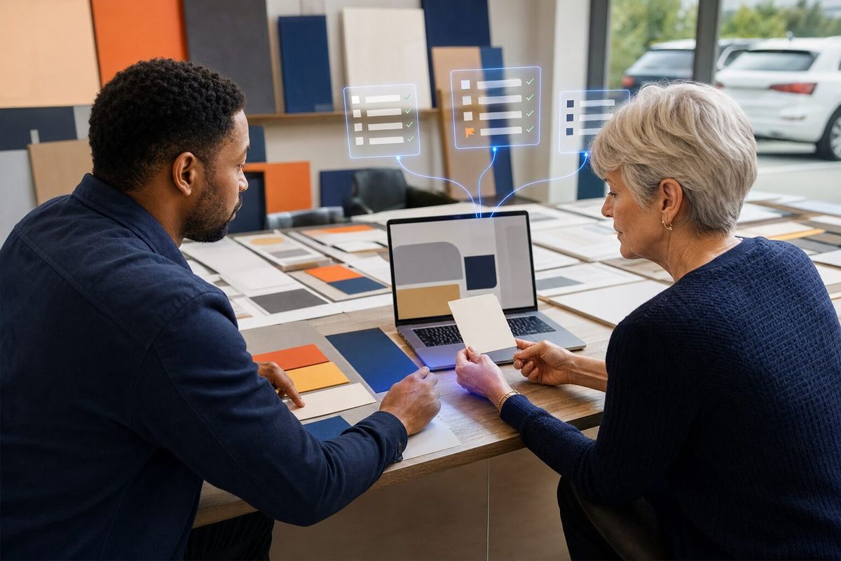 Illustrative photo: the Brand Consistency Agent at work for the marketing and regional managers checking store materials against the brand, laying out results as blue panels above a laptop.