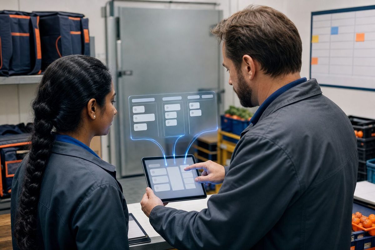 Illustrative photo: the Bug Reporter at work for the owner and dispatch supervisor of a small online grocery-delivery start-up, laying out results as blue panels above a tablet.