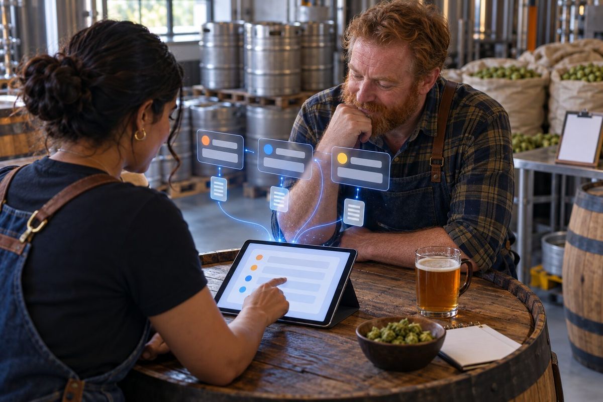 Illustrative photo: Canada Labour Law Expert at work for the co-owner of a small craft brewery and her shift manager, laying out results as blue panels above a tablet.