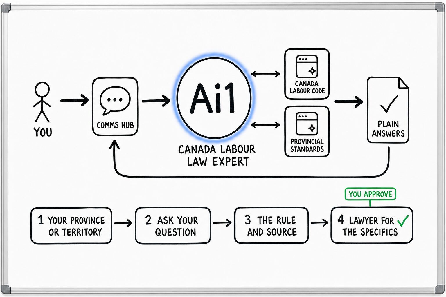 How Canada Labour Law Expert works: you ask through the Comms Hub and Ai1 runs the steps: your province or territory, ask your question, the rule and source and lawyer for the specifics. It works with Canada Labour Code and Provincial standards. You approve at: lawyer for the specifics. It returns a plain answers.
