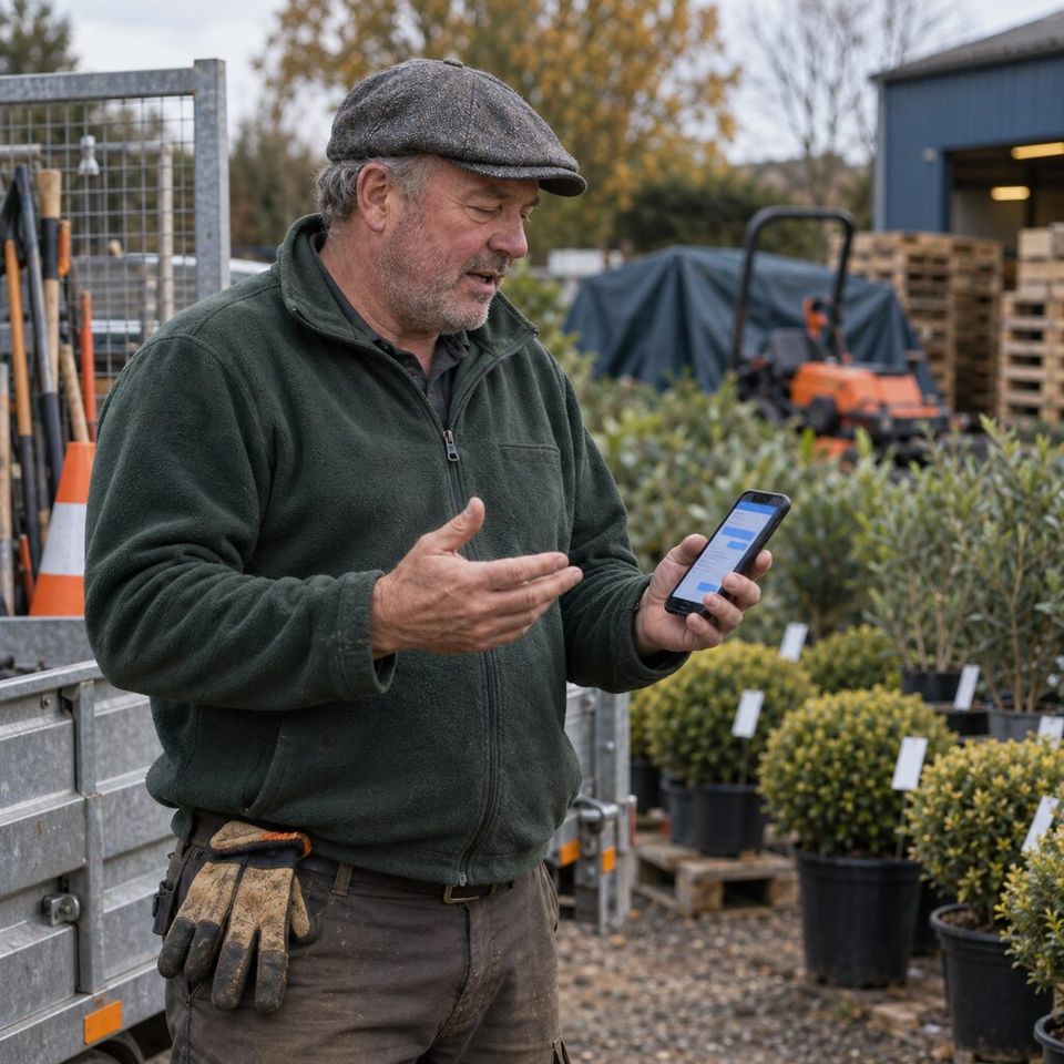 Illustrative photo: the owner of a small commercial-landscaping firm asks the Case Study Writer for help from their phone.