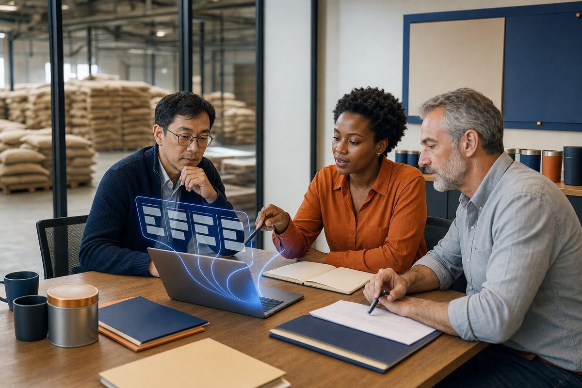 Illustrative photo: the AI CEO at work for the owner and export lead and finance lead of a family-owned coffee exporter, laying out results as blue panels above a laptop.