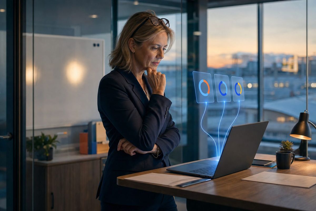 Illustrative photo: the CEO Coach at work for a CEO in a check-in on her goals and commitments, laying out results as blue panels above a laptop.
