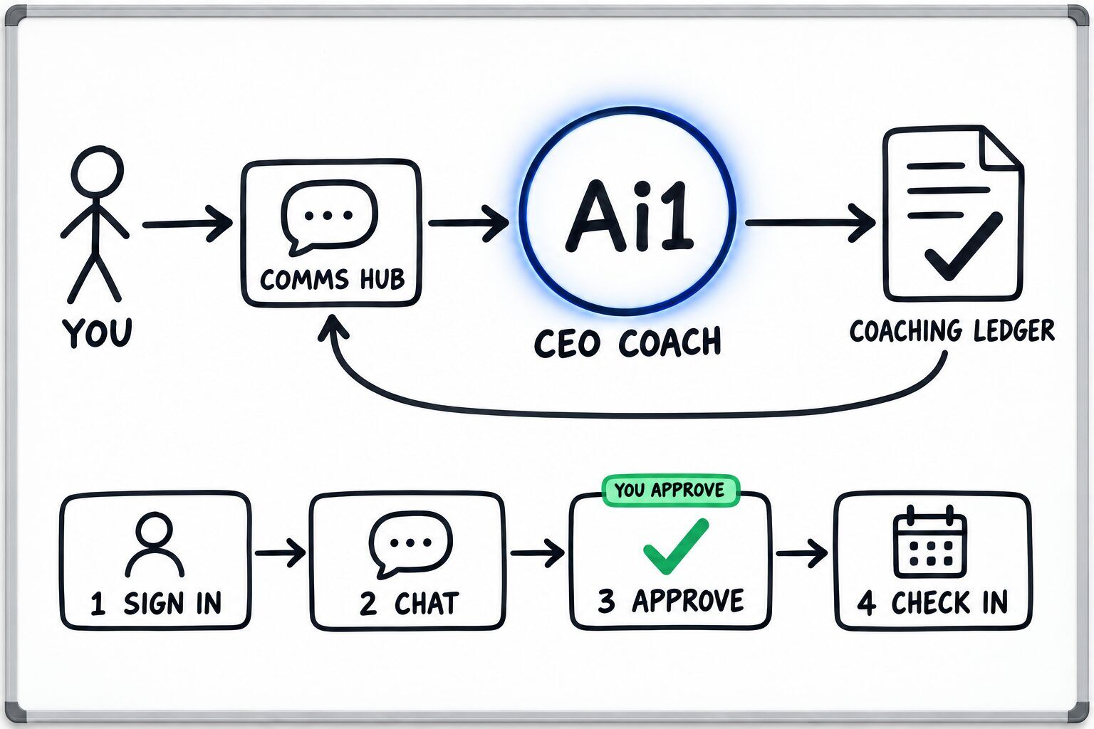 How the CEO Coach works: you ask through the Comms Hub and Ai1 runs the steps: sign in, chat, approve and check in. You approve at: approve. It returns a coaching ledger.