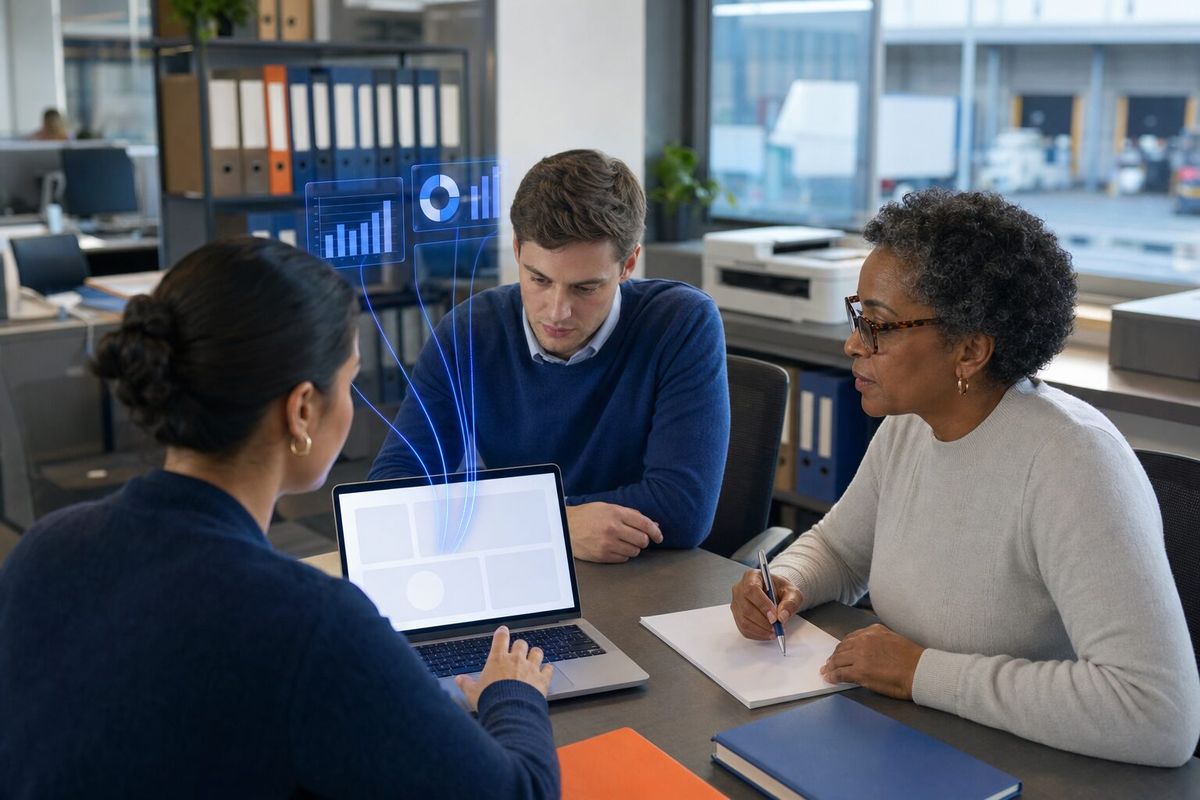 Illustrative photo: the CFO Agent at work for the finance team closing the month, laying out results as blue panels above a laptop.