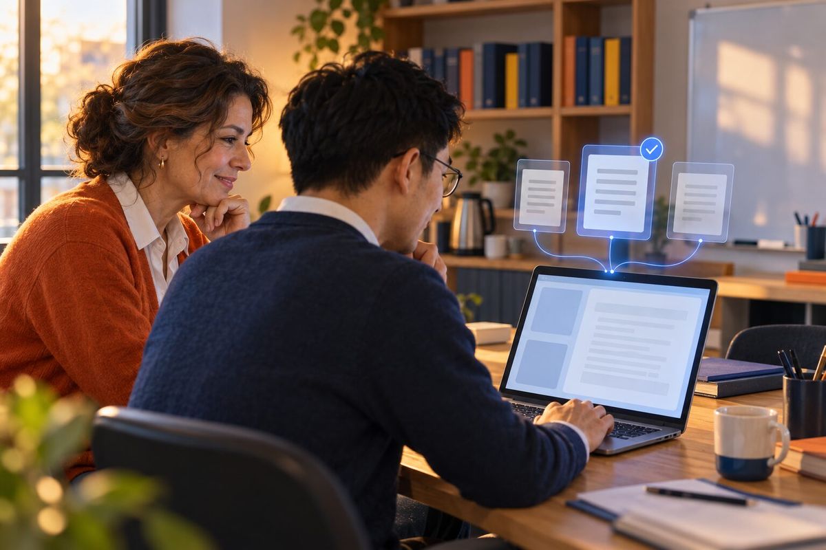 Illustrative photo: the ChatGPT Ads Manager at work for the owner and course coordinator of a small language school, laying out results as blue panels above a laptop.
