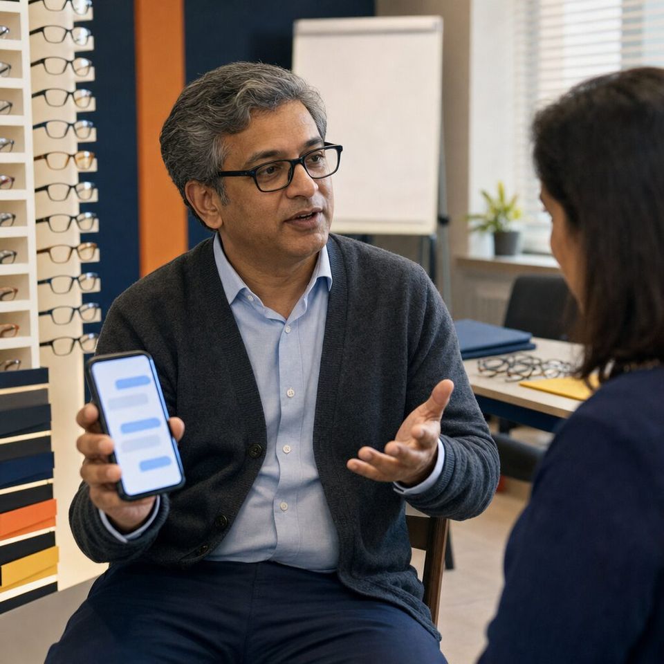 Illustrative photo: the owner of a regional chain of opticians asks the Chief AI Officer for help from their phone.