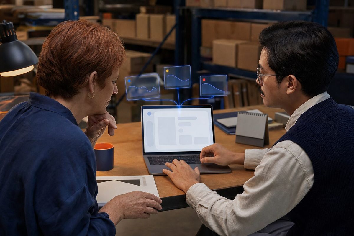 Illustrative photo: the Client Success Lead at work for the owner and account manager of a small office-coffee supply company, laying out results as blue panels above a laptop.