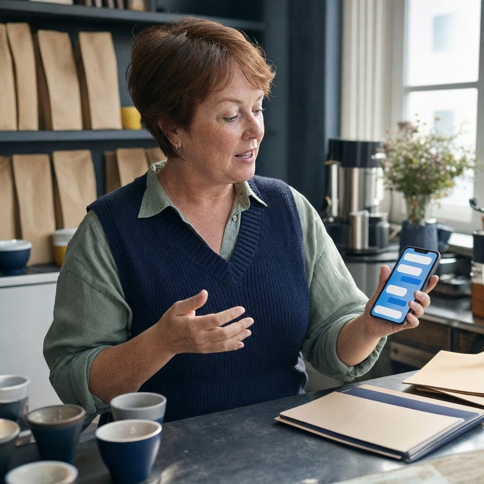 Illustrative photo: the owner of a small office-coffee supply company asks the Client Success Lead for help from their phone.