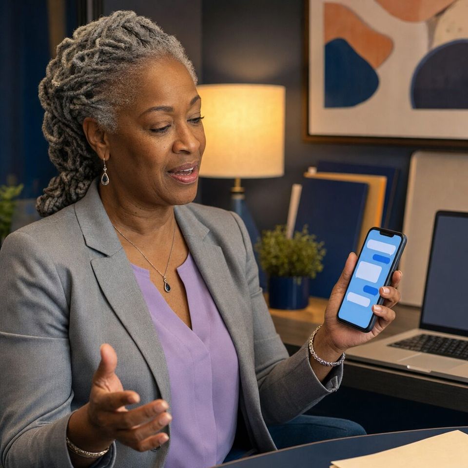 Illustrative photo: the owner of a small financial-planning practice asks the AI Clone for help from their phone.